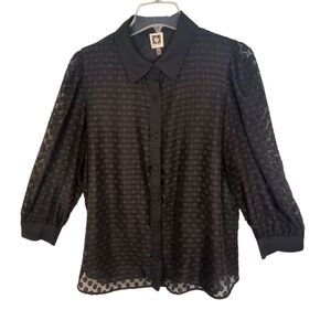 Anne Klein Button Down Swiss Dot Sheer Blouse Top Women's Sz Med Black